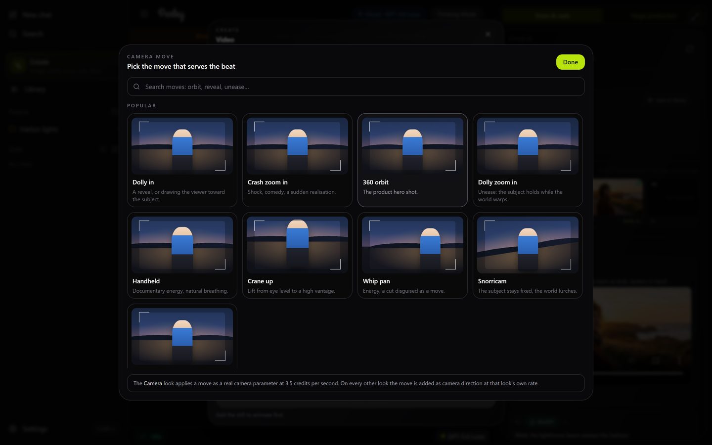 The camera-move picker: a search box and a grid of preview cards, Popular first, each with a moving preview and a line on when to use it.