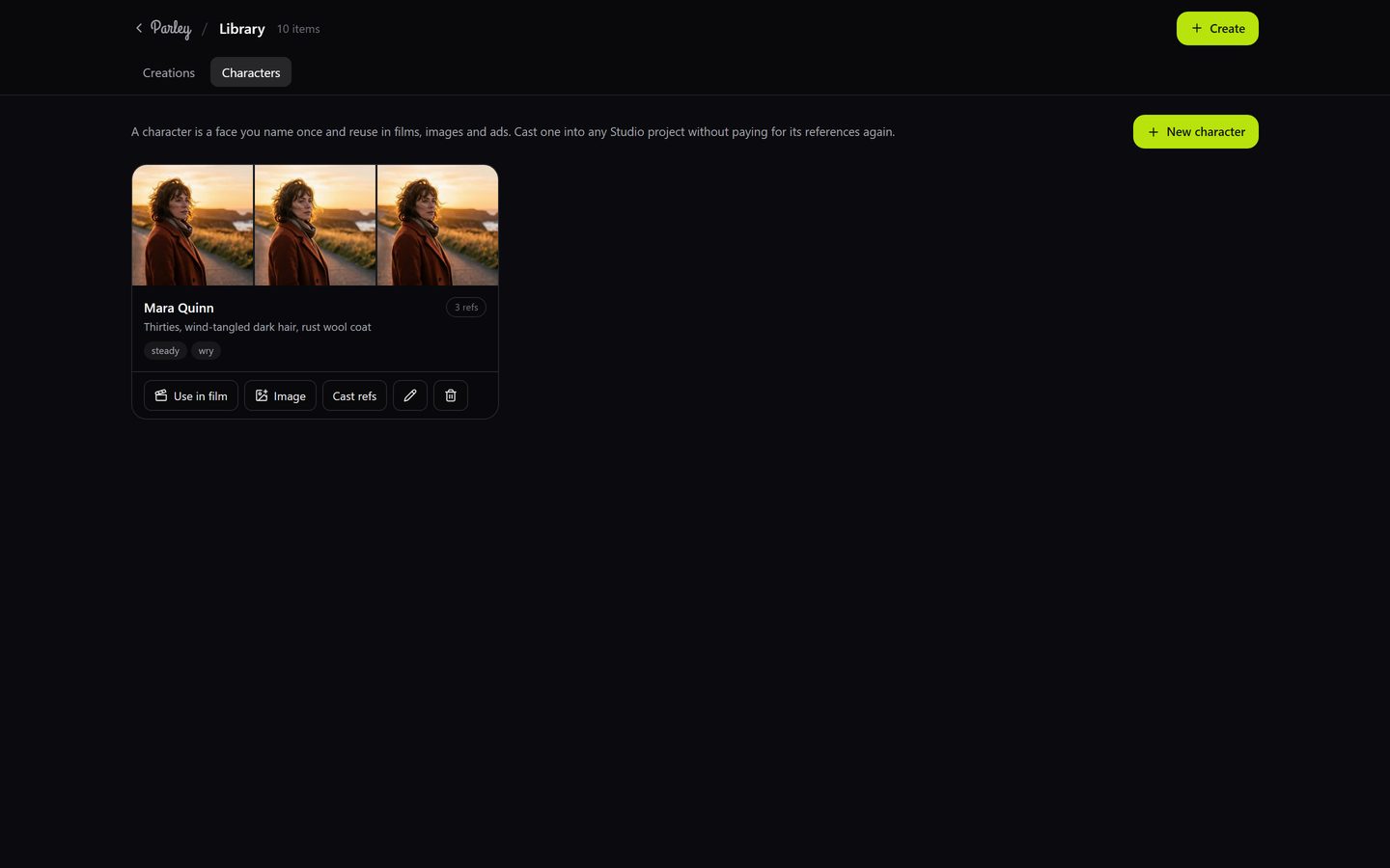 The Characters tab: a card with three reference photos, the name Mara Quinn, a one-line description, two personality tags, and the actions Use in film, Image, Cast refs, edit and delete.