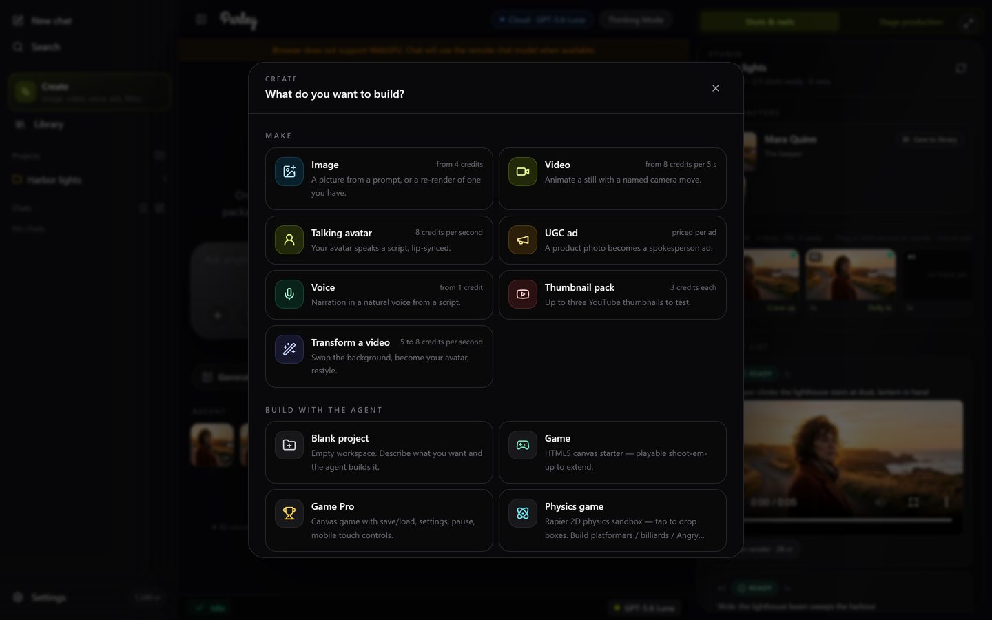 The Create hub sheet: a Make row of seven priced cards above a Build with the agent row of project types.