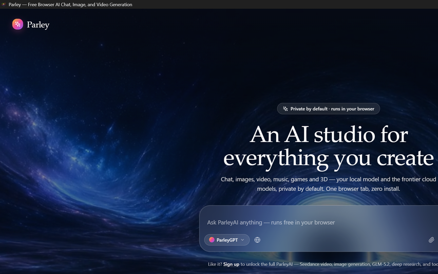 The Parley desktop app on first launch, showing the sign-in panel over the animated background.