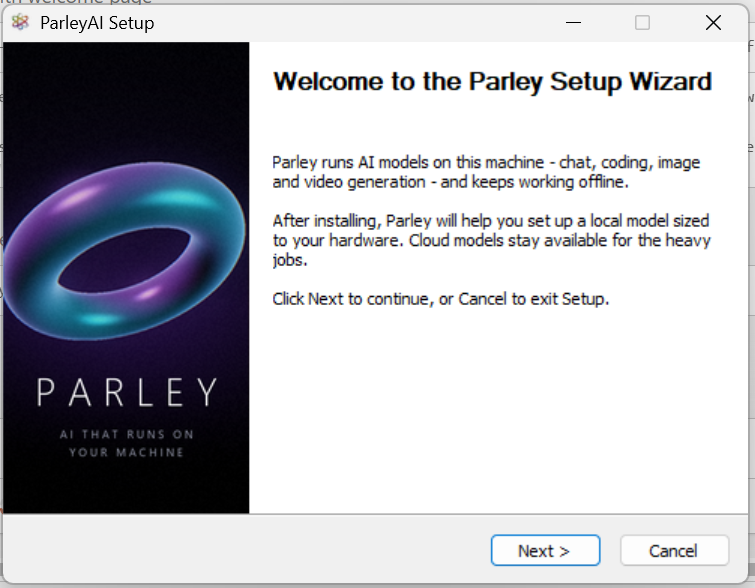 The Parley Setup welcome screen, with the Parley wordmark on a dark panel and a Next button.