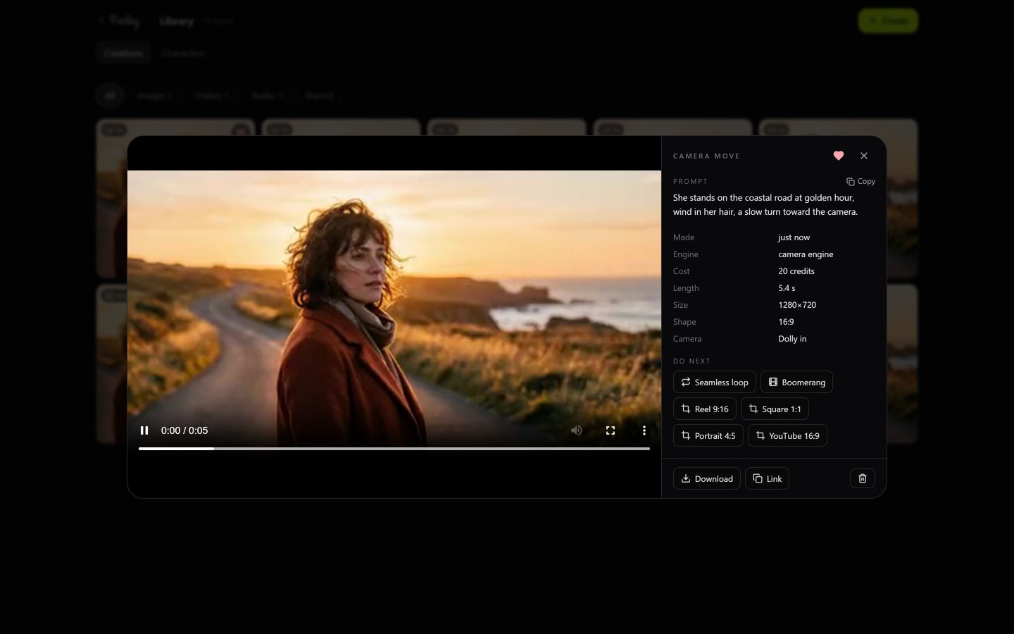 An open item: the clip at full size on the left, the recipe on the right with the prompt, engine, cost, length, size and camera move, then the Do next actions.