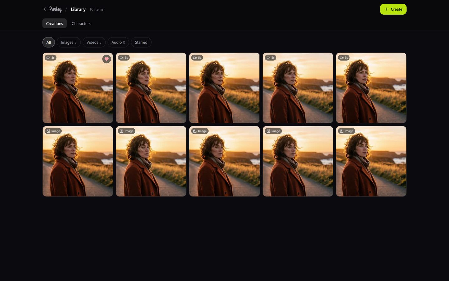 The Library: filter pills with counts above a grid of image and video tiles, a heart on the starred one.