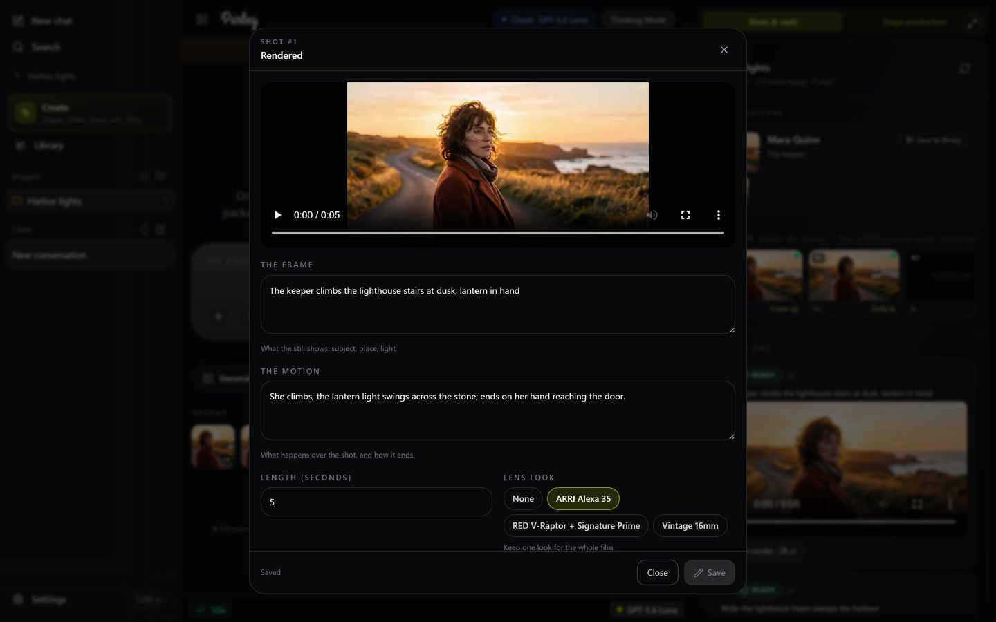 The shot editor: the rendered clip, the frame and motion text, length, lens look, camera move, and a Re-render this shot only box with two priced buttons.