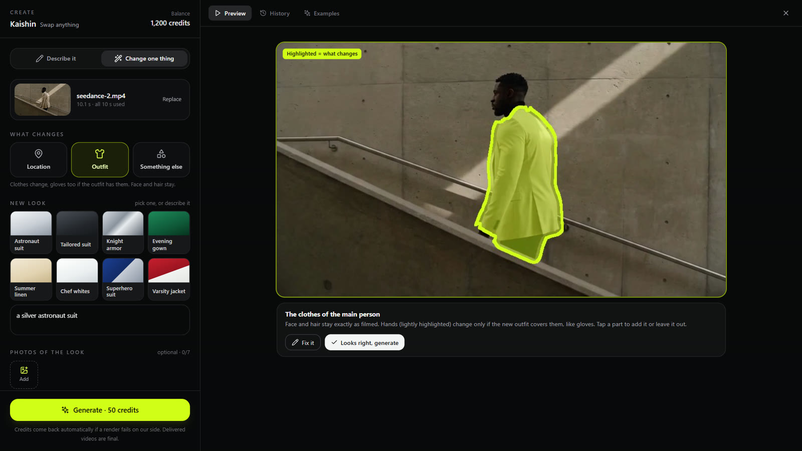The Kaishin workspace after the free check: Outfit is picked, the new look is a silver astronaut suit, and the man's jacket is highlighted in lime to show what will change. Face and hair stay exactly as filmed.