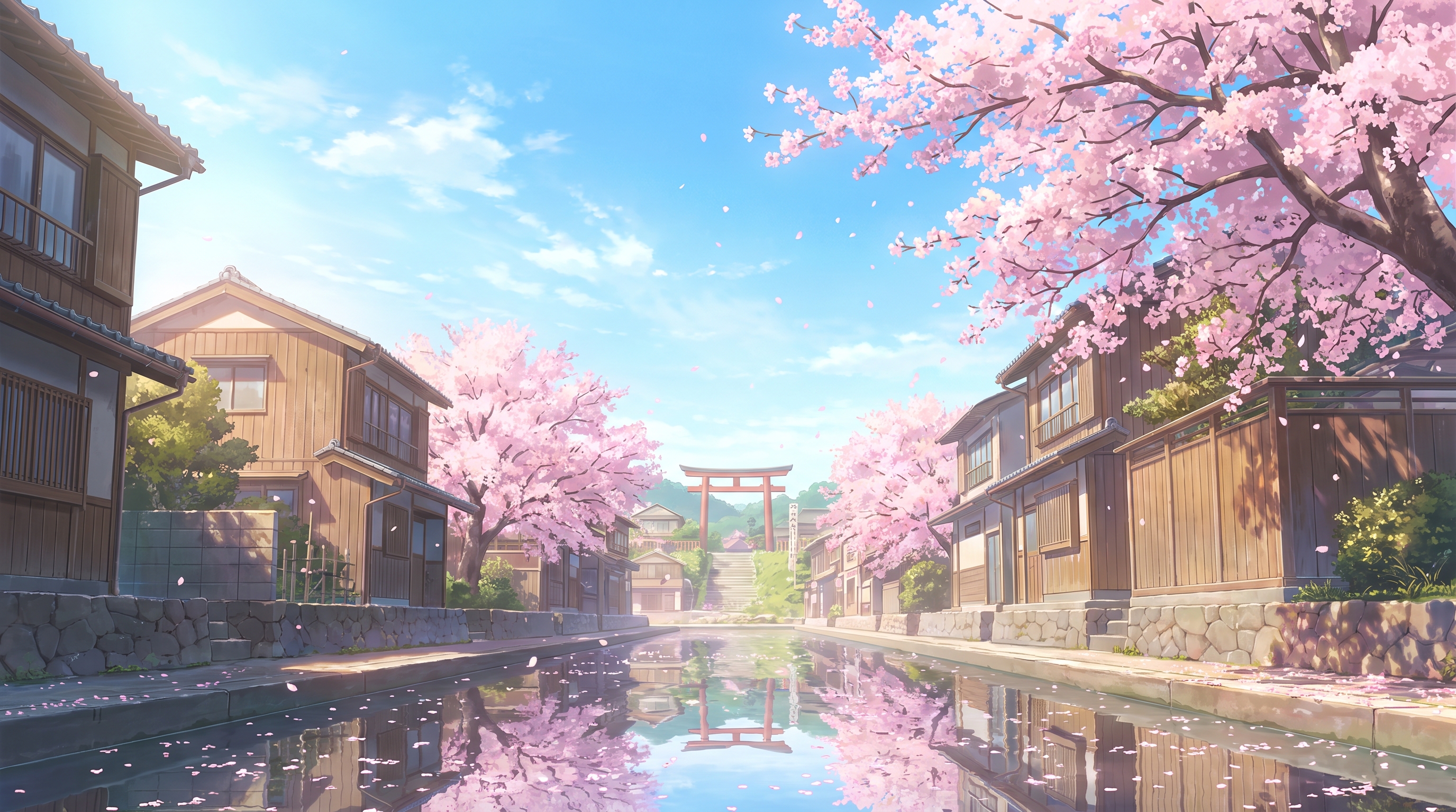 Cherry blossom anime town scene from the Parley landing artwork