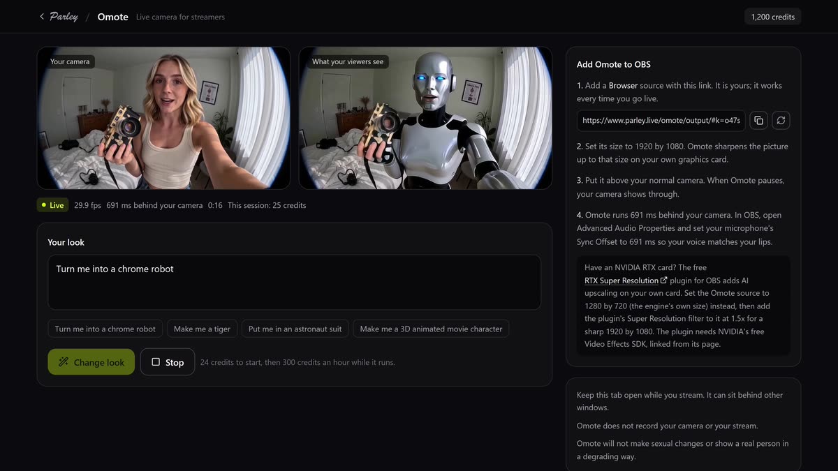 Omote Studio while live: the camera on the left, what viewers see on the right as a chrome robot, the look box, and the steps to add Omote to OBS.