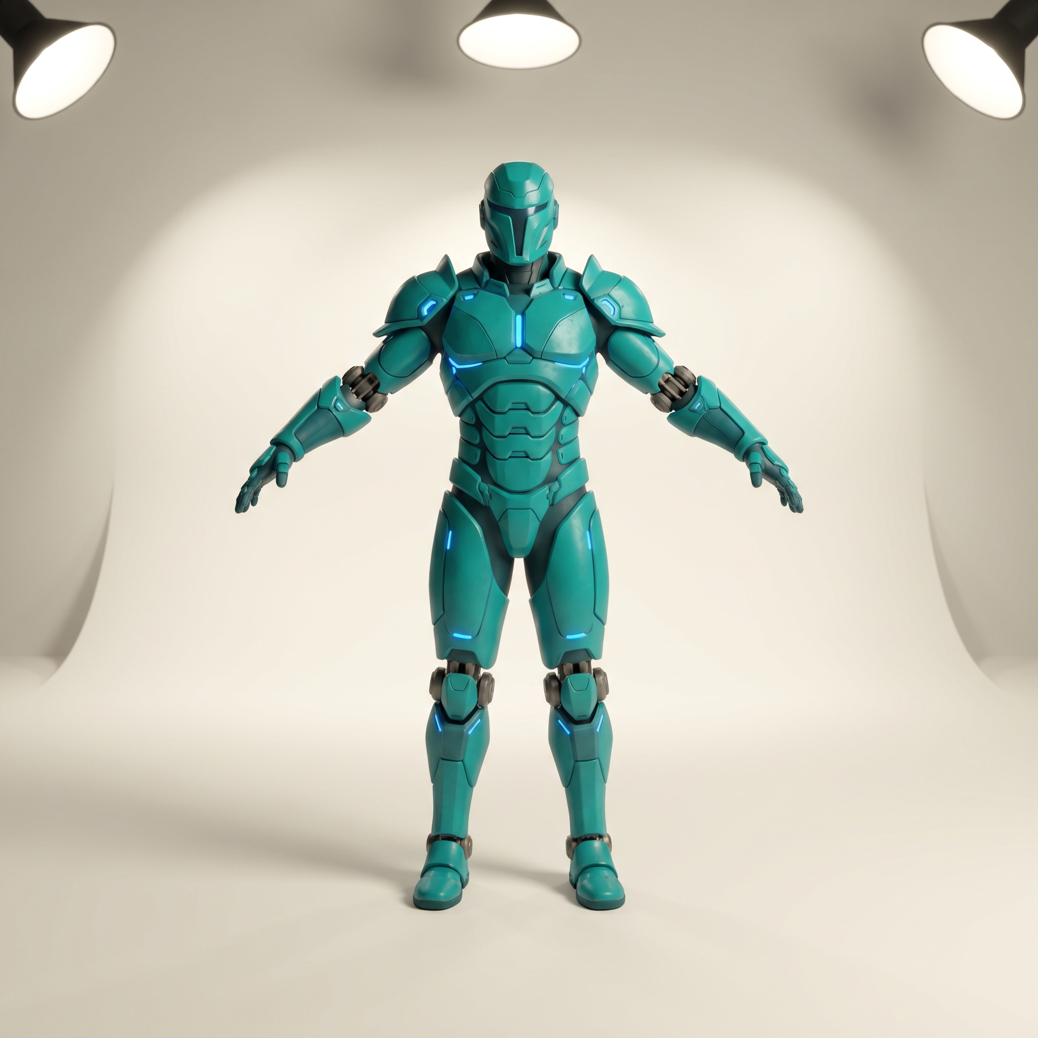 Teal armored 3D rigged character generated by Parley