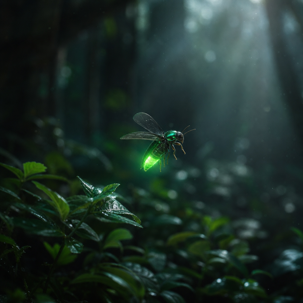 Emerald firefly in a misty forest, the Parley image for private local AI