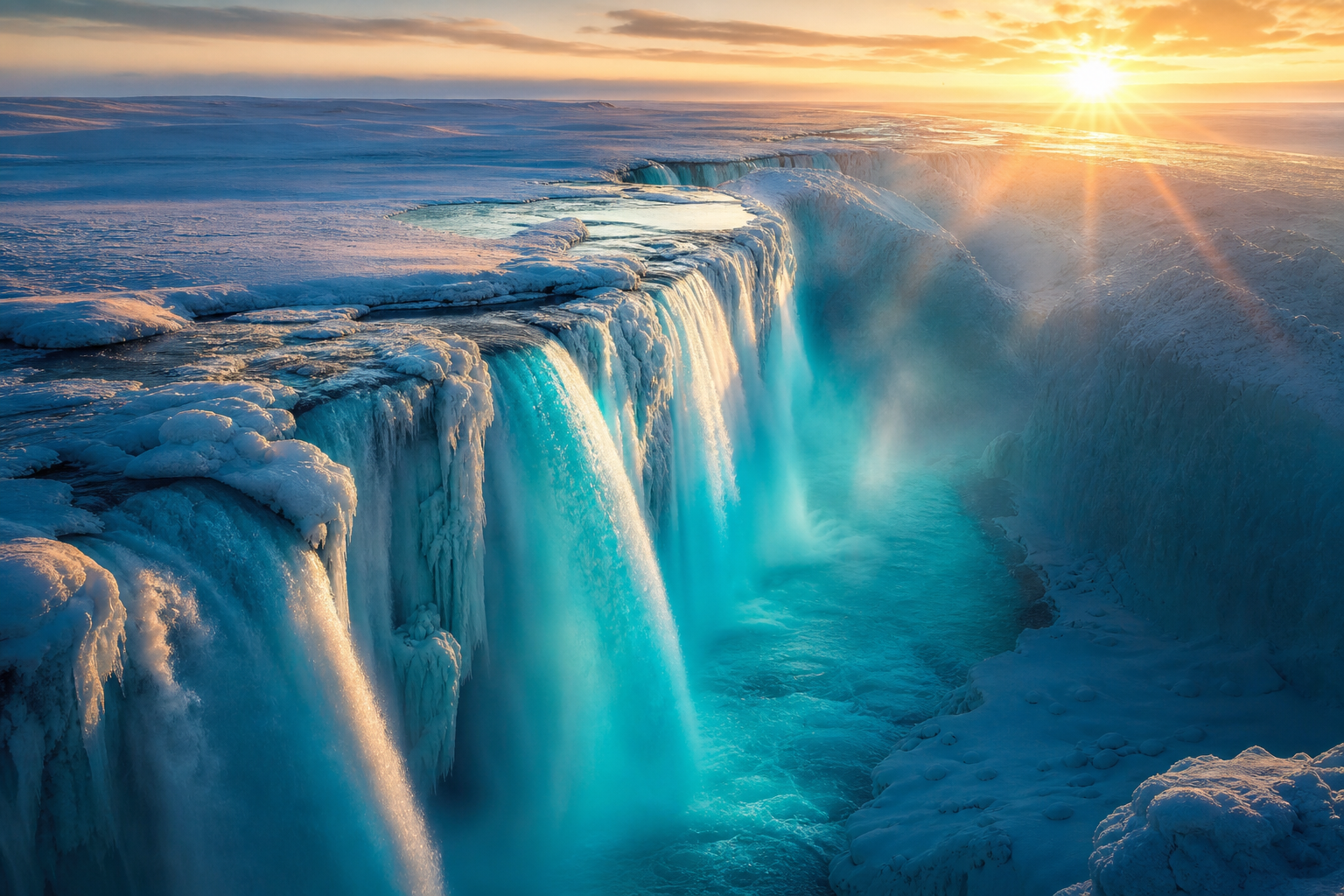 Cinematic frozen waterfall frame that Parley music can score